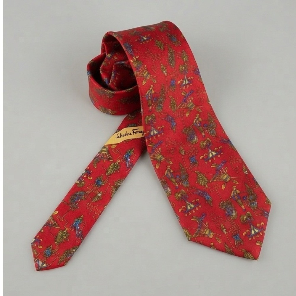 Salvatore Ferragamo Silk Necktie Red Figurative Harvest Print Italy designer